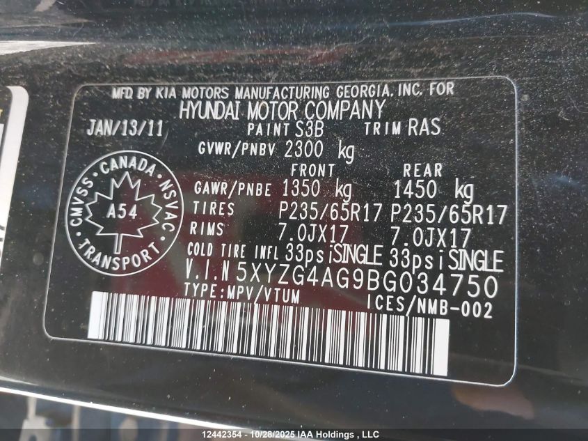 2011 Hyundai Santa Fe Gl 3.5 VIN: 5XYZG4AG9BG034750 Lot: 12442354