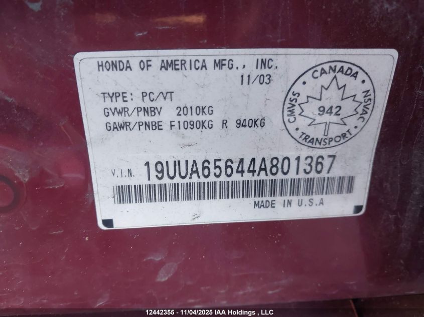 2004 Acura Tl VIN: 19UUA65644A801367 Lot: 12442355