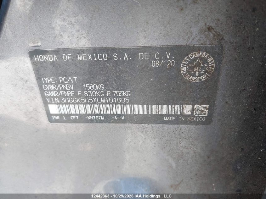 2020 Honda Fit Lx VIN: 3HGGK5H5XLM101605 Lot: 12442363