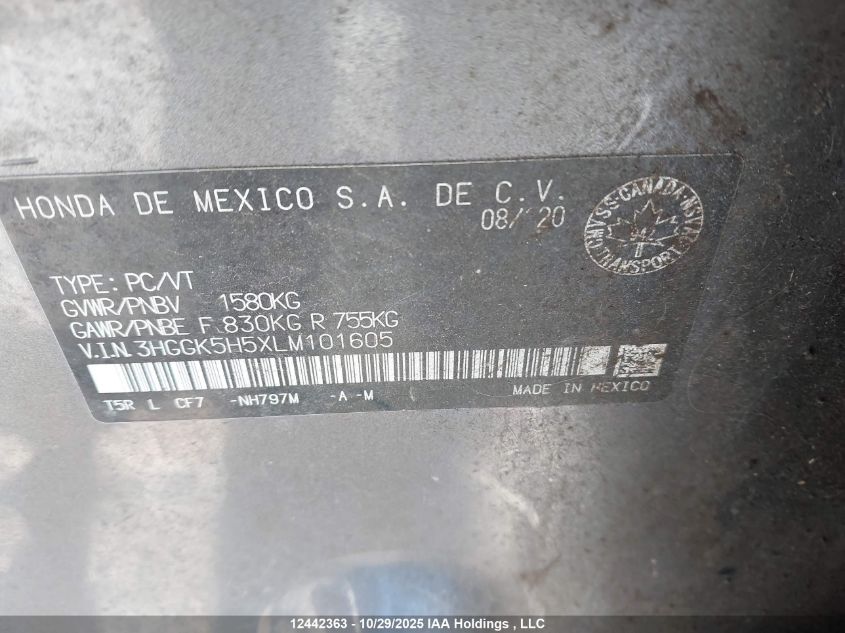 2020 Honda Fit Lx VIN: 3HGGK5H5XLM101605 Lot: 12442363