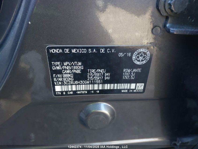 2016 Honda Hr-V Lx VIN: 3CZRU6H30GM111551 Lot: 12442374