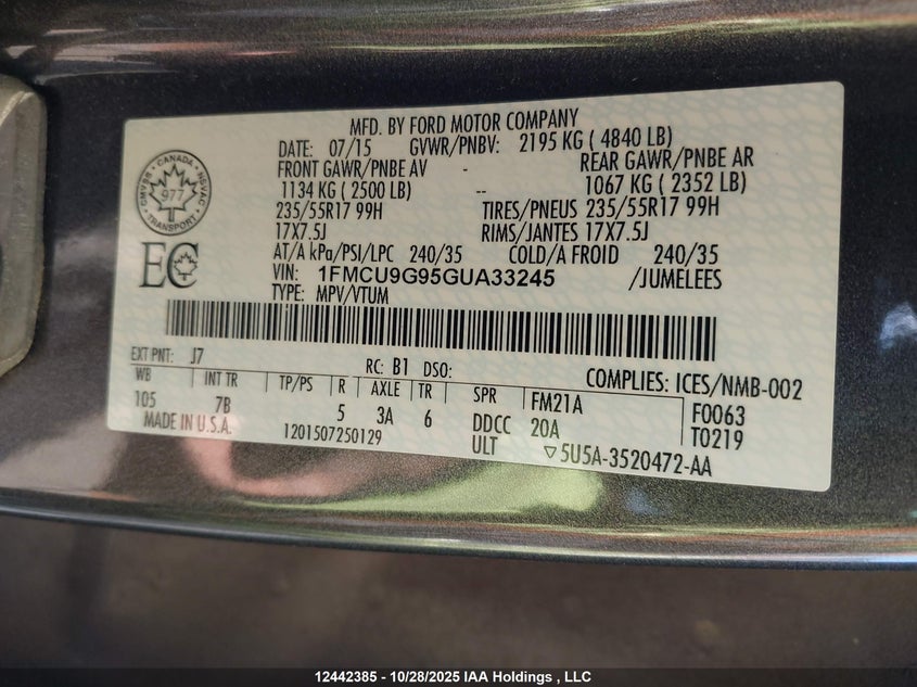 2016 Ford Escape Se VIN: 1FMCU9G95GUA33245 Lot: 12442385