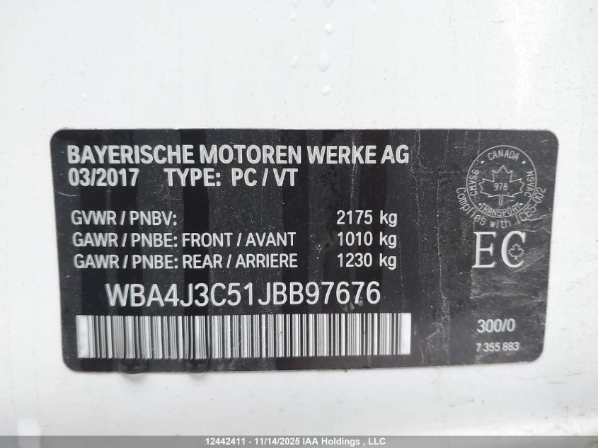 2018 BMW 430Xi Gran Coupe VIN: WBA4J3C51JBB97676 Lot: 12442411