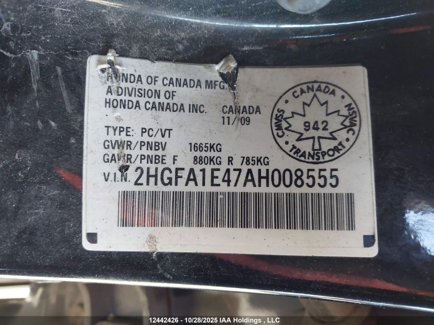 2010 Honda Civic VIN: 2HGFA1E47AH008555 Lot: 12442426