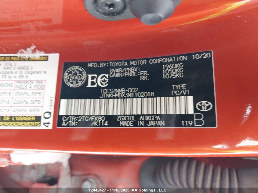 2021 Toyota C-Hr Xle Premium VIN: JTNKHMBX3M1102018 Lot: 12442427