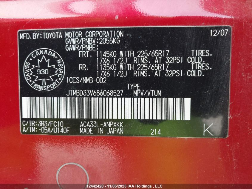 2008 Toyota Rav4 VIN: JTMBD33V686068527 Lot: 12442428