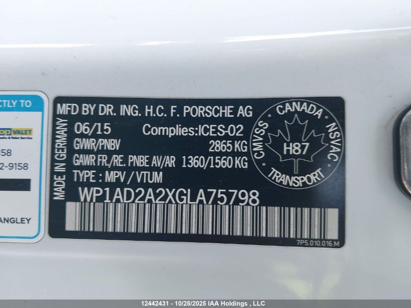 2016 Porsche Cayenne Gts VIN: WP1AD2A2XGLA75798 Lot: 12442431