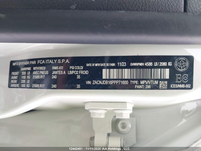 2023 Jeep Renegade Latitude VIN: ZACNJDB16PPP71600 Lot: 12442451