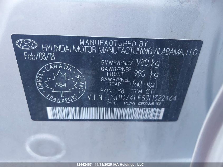 2018 Hyundai Elantra Se VIN: 5NPD74LF5JH322464 Lot: 12442457