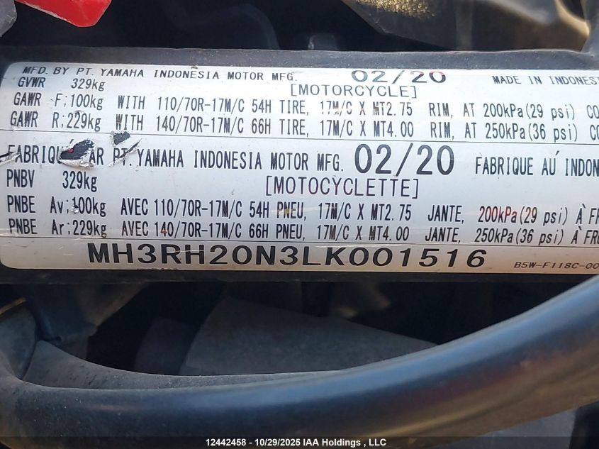 2020 Yamaha Mt-03 VIN: MH3RH20N3LK001516 Lot: 12442458