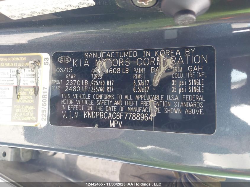 2015 Kia Sportage Lx VIN: KNDPBCAC6F7788964 Lot: 12442465
