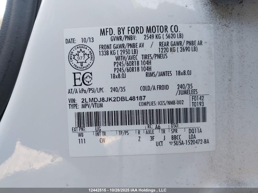 2LMDJ8JK2DBL48187 2013 LINCOLN MKX photo no. 9