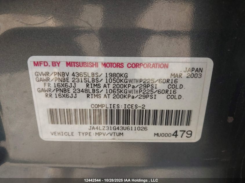 2003 Mitsubishi Outlander Ls VIN: JA4LZ31G43U611026 Lot: 12442544