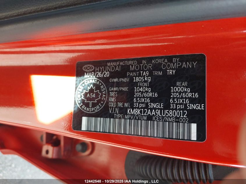 2020 Hyundai Kona Se VIN: KM8K12AA9LU580012 Lot: 12442548