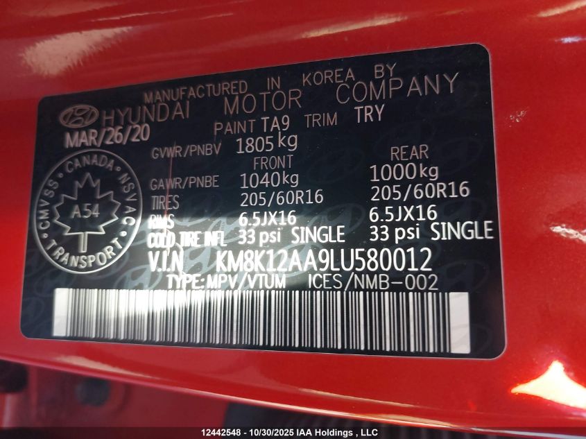 2020 Hyundai Kona Se VIN: KM8K12AA9LU580012 Lot: 12442548