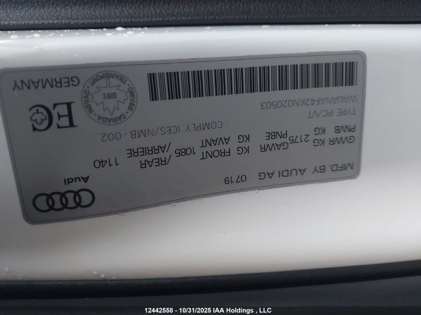 2019 Audi A4 45 Komfort VIN: WAUANAF42KN020503 Lot: 12442558