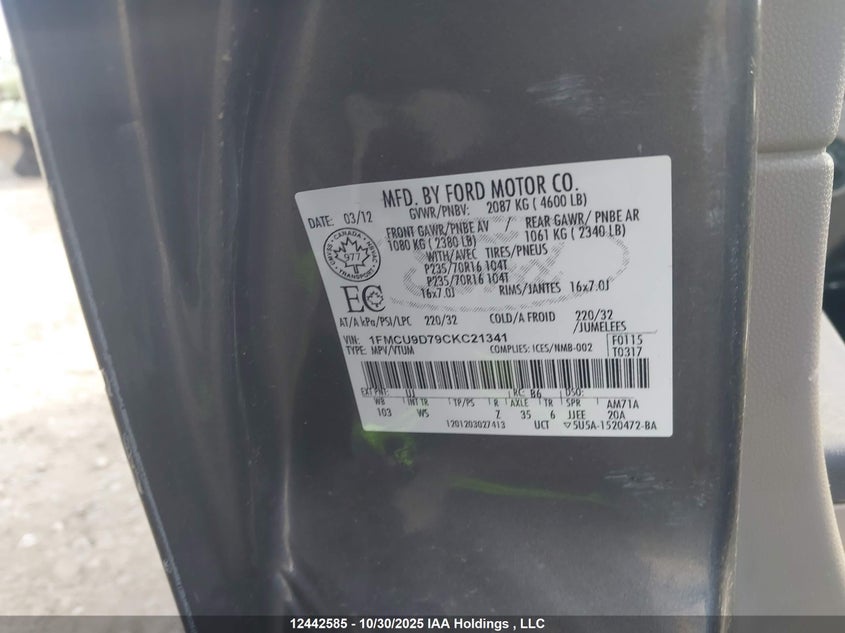 1FMCU9D79CKC21341 2012 FORD ESCAPE photo no. 9