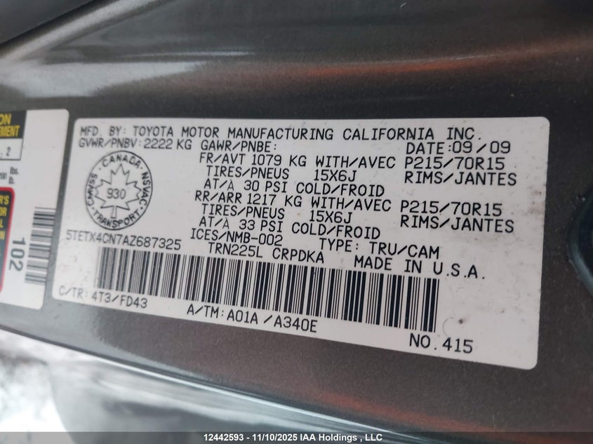 5TETX4CN7AZ687325 2010 TOYOTA TACOMA photo no. 9