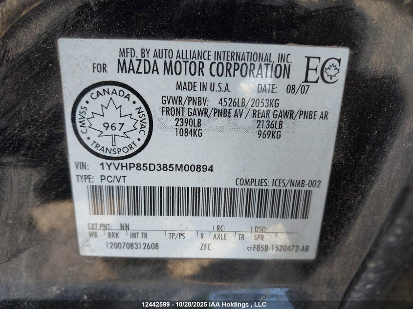 1YVHP85D385M00894 2008 MAZDA 6 photo no. 9