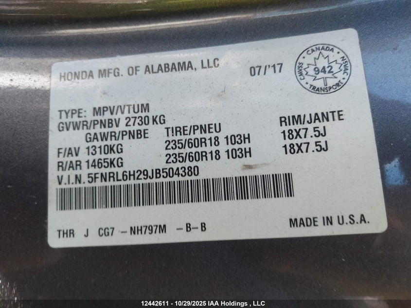 5FNRL6H29JB504380 2018 HONDA ODYSSEY photo no. 9