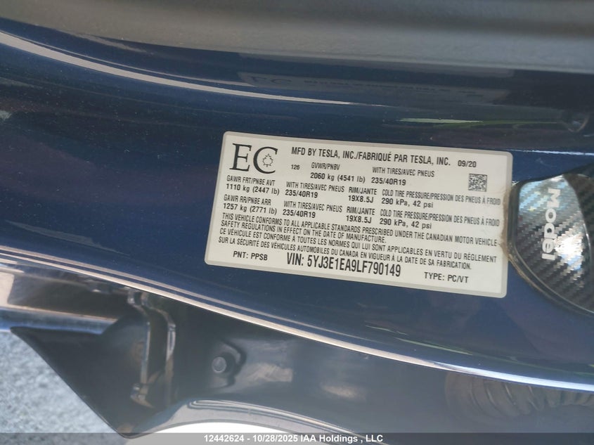 2020 Tesla Model 3 Standard Range Plus VIN: 5YJ3E1EA9LF790149 Lot: 12442624