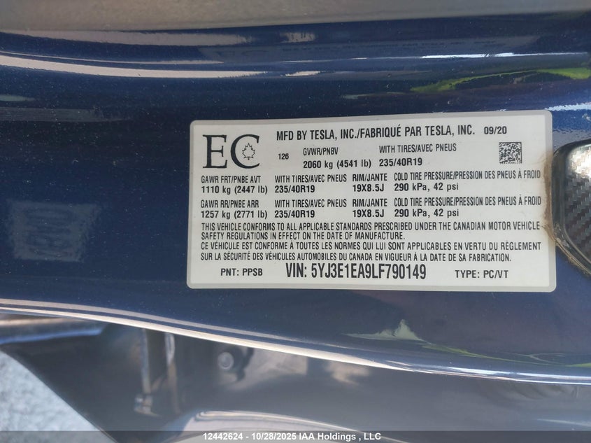 2020 Tesla Model 3 Standard Range Plus VIN: 5YJ3E1EA9LF790149 Lot: 12442624