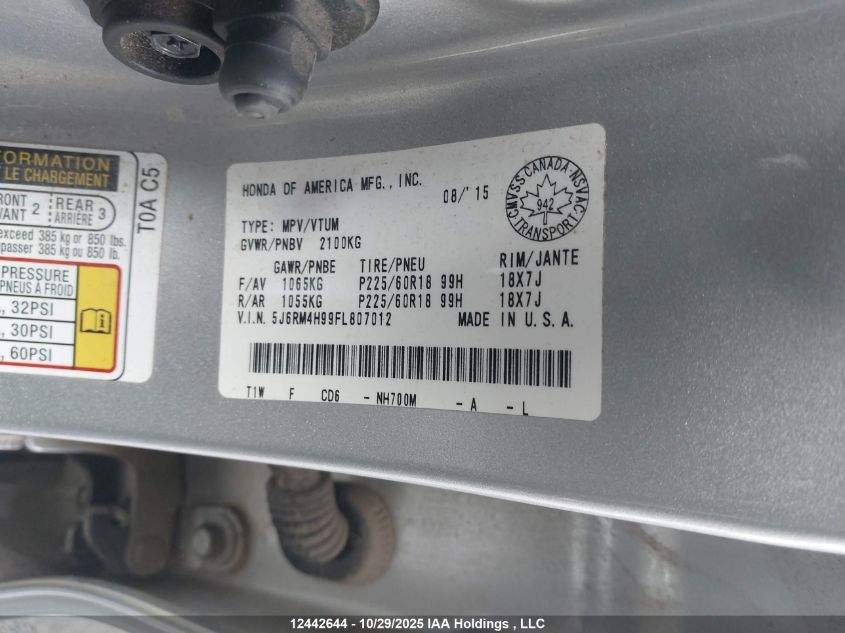 2015 Honda Cr-V Touring VIN: 5J6RM4H99FL807012 Lot: 12442644