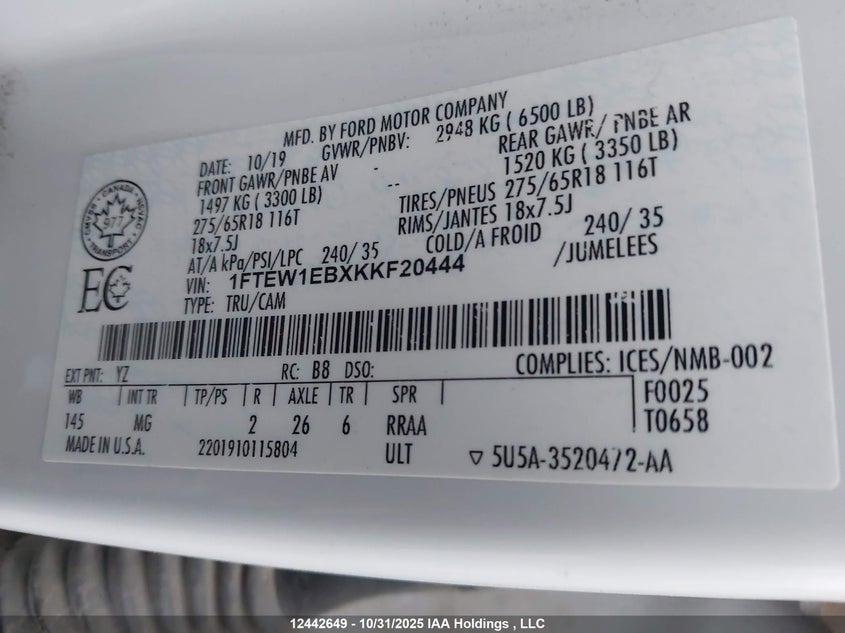 1FTEW1EBXKKF20444 2019 FORD F-150 photo no. 9