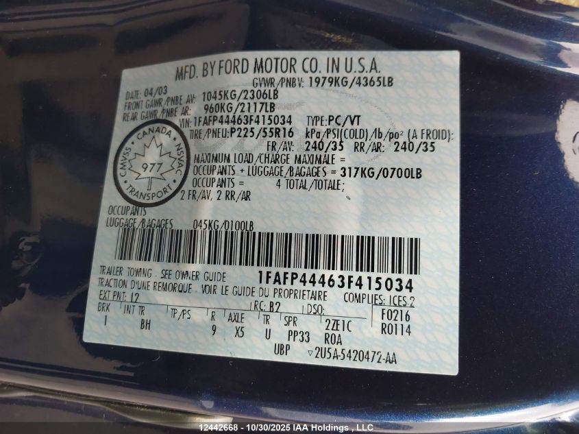 2003 Ford Mustang VIN: 1FAFP44463F415034 Lot: 12442668