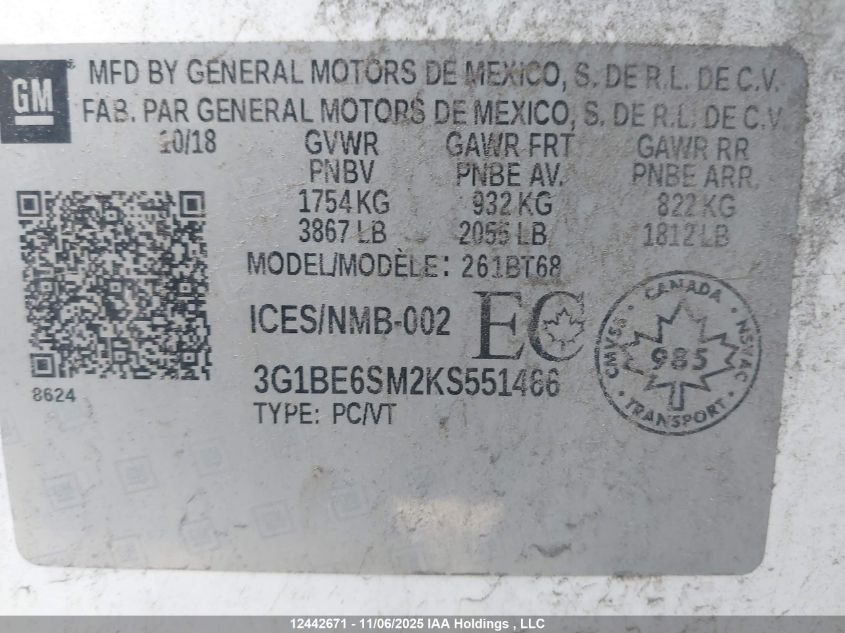 2019 Chevrolet Cruze VIN: 3G1BE6SM2KS551466 Lot: 12442671