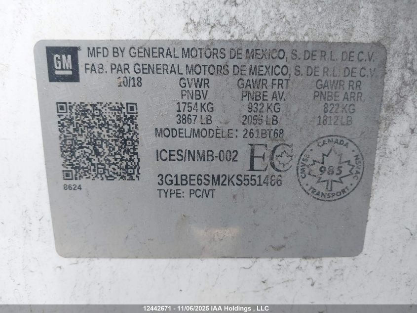 2019 Chevrolet Cruze VIN: 3G1BE6SM2KS551466 Lot: 12442671