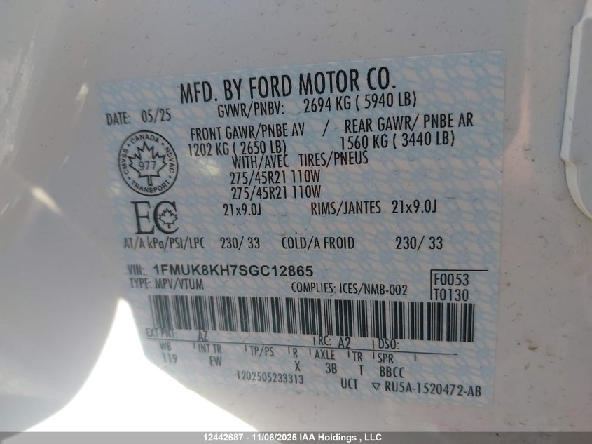 1FMUK8KH7SGC12865 2025 FORD EXPLORER photo no. 19