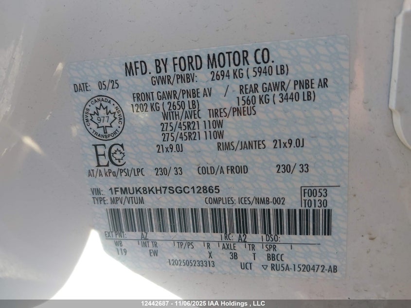 1FMUK8KH7SGC12865 2025 FORD EXPLORER photo no. 9