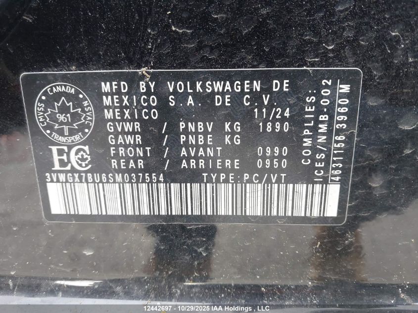 2025 Volkswagen Jetta Sel VIN: 3VWGX7BU6SM037554 Lot: 12442697