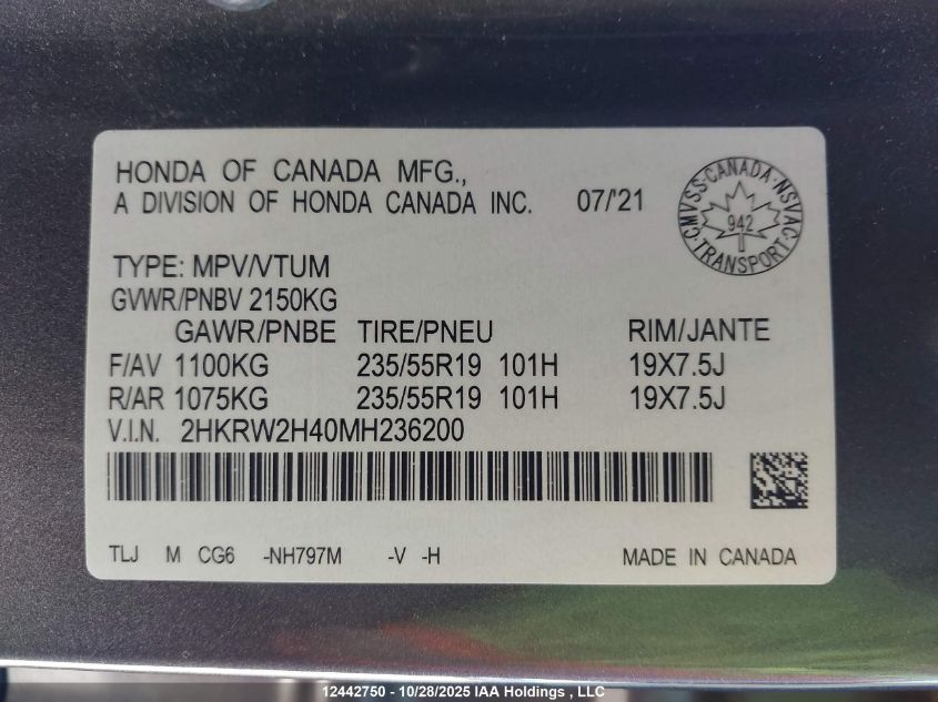 2021 Honda Cr-V Sport VIN: 2HKRW2H40MH236200 Lot: 12442750