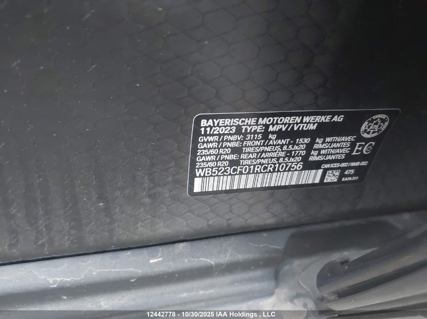 2024 BMW Ix xDrive50 VIN: WB523CF01RCR10756 Lot: 12442778