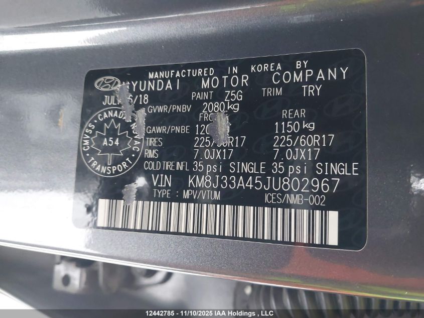 2018 Hyundai Tucson Se 2.0L VIN: KM8J33A45JU802967 Lot: 12442785