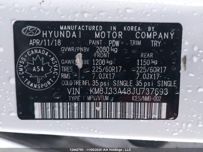 2018 Hyundai Tucson Premium 2.0L VIN: KM8J33A48JU737693 Lot: 12442793