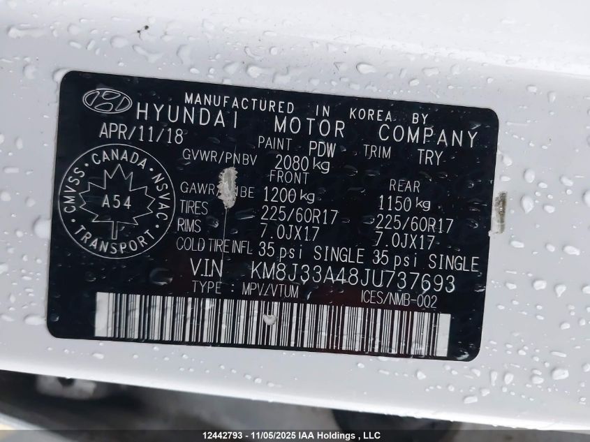 2018 Hyundai Tucson Premium 2.0L VIN: KM8J33A48JU737693 Lot: 12442793