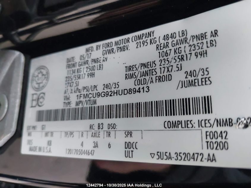 2017 Ford Escape Se VIN: 1FMCU9G92HUD89413 Lot: 12442794