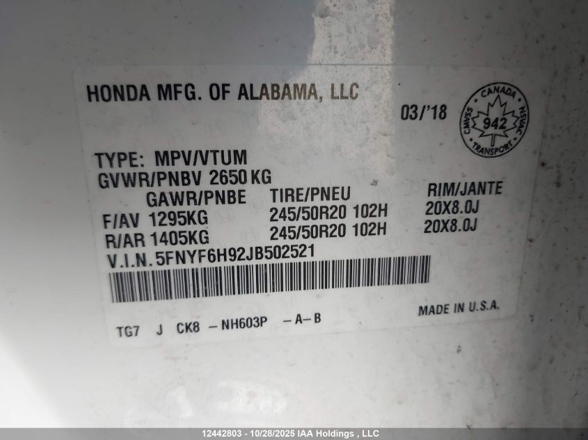 2018 Honda Pilot Touring VIN: 5FNYF6H92JB502521 Lot: 12442803