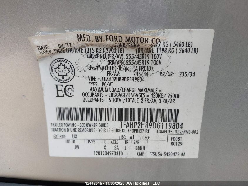 2013 Ford Taurus Sel VIN: 1FAHP2H89DG119804 Lot: 12442816