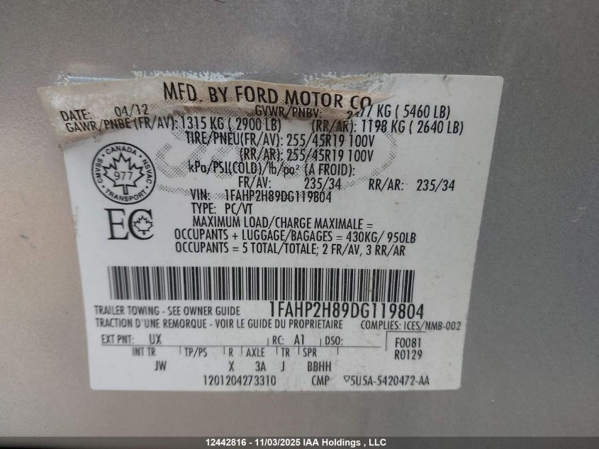 2013 Ford Taurus Sel VIN: 1FAHP2H89DG119804 Lot: 12442816