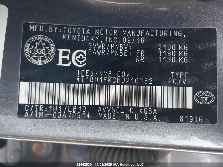 2017 Toyota Camry Hybrid/Le/Xle/Se VIN: 4T1BD1FK3HU210152 Lot: 12442830