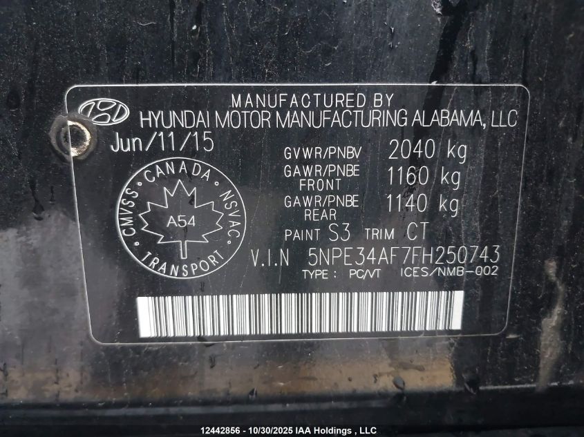 2015 Hyundai Sonata Sport/Limited VIN: 5NPE34AF7FH250743 Lot: 12442856