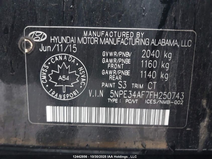 2015 Hyundai Sonata Sport/Limited VIN: 5NPE34AF7FH250743 Lot: 12442856