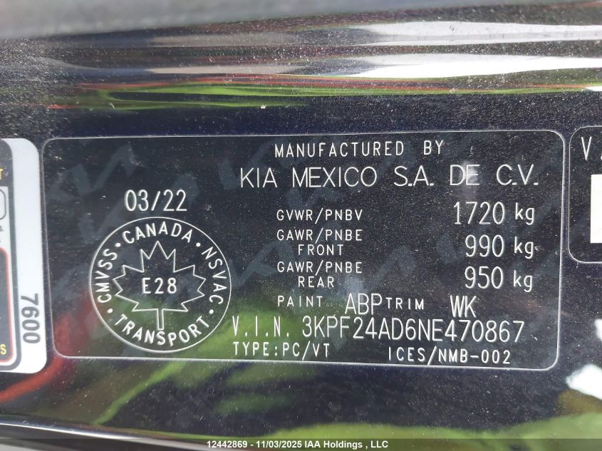 2022 Kia Forte Fe/Lxs VIN: 3KPF24AD6NE470867 Lot: 12442869