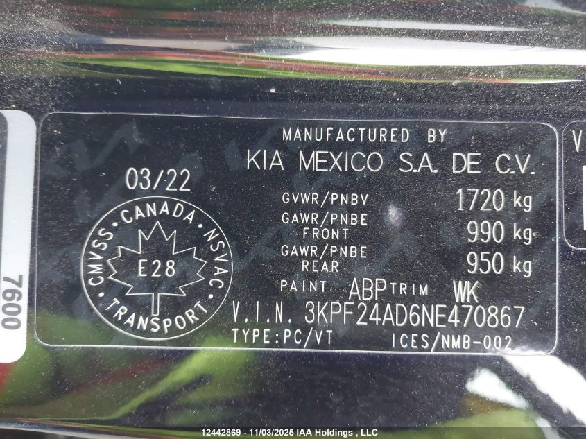 2022 Kia Forte Fe/Lxs VIN: 3KPF24AD6NE470867 Lot: 12442869