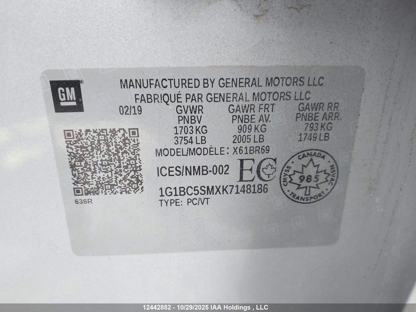 1G1BC5SMXK7148186 2019 CHEVROLET CRUZE photo no. 9