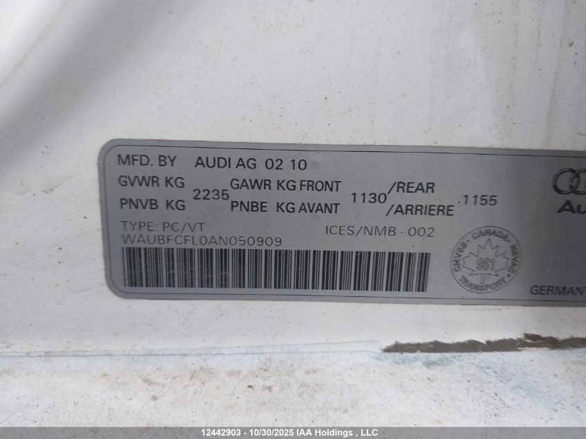 2010 Audi A4 Premium VIN: WAUBFCFL0AN050909 Lot: 12442903